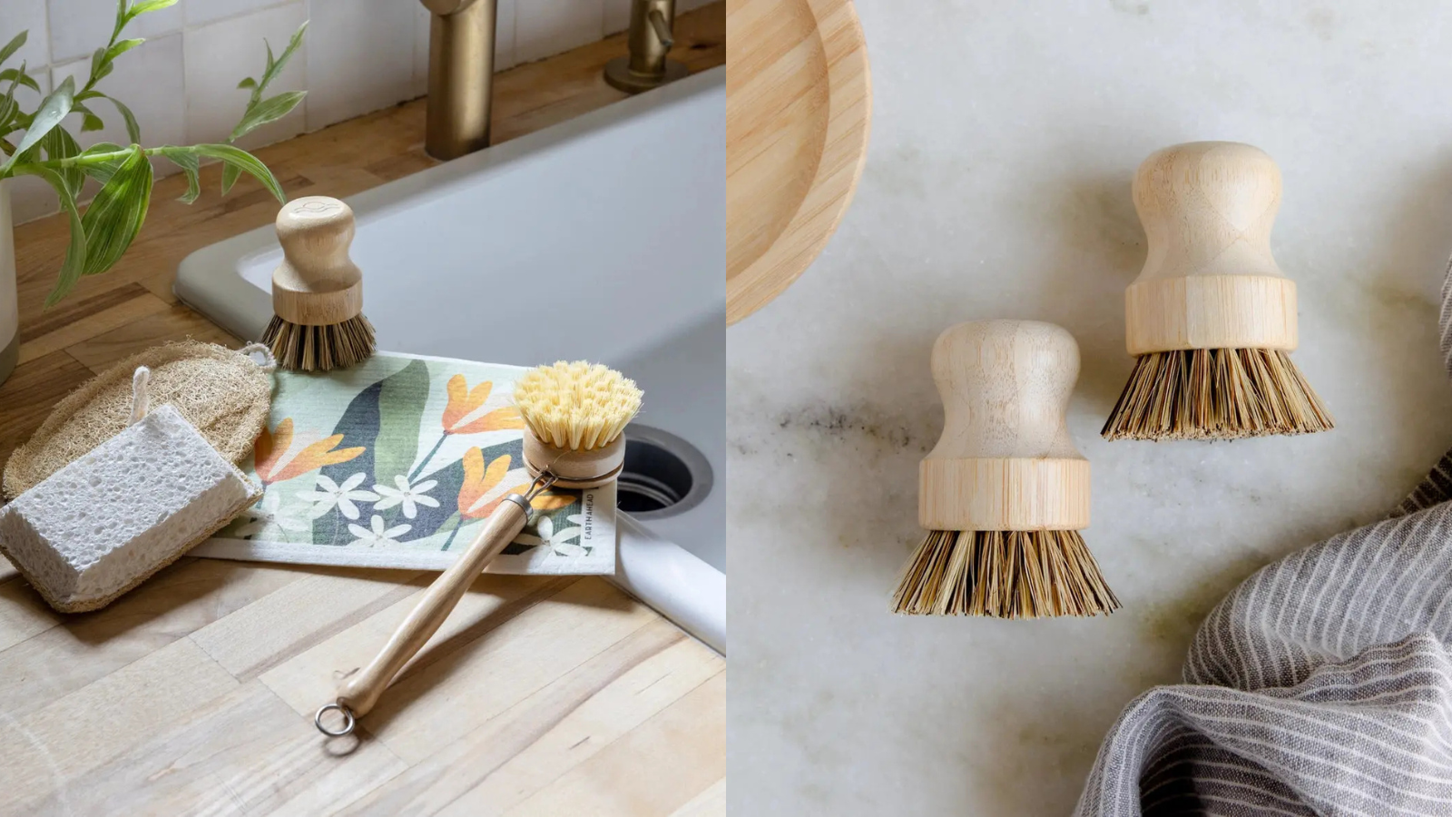 Wooden dish brushes and cleaning items on a kitchen counter by a sink; floral towel and plant in the background.