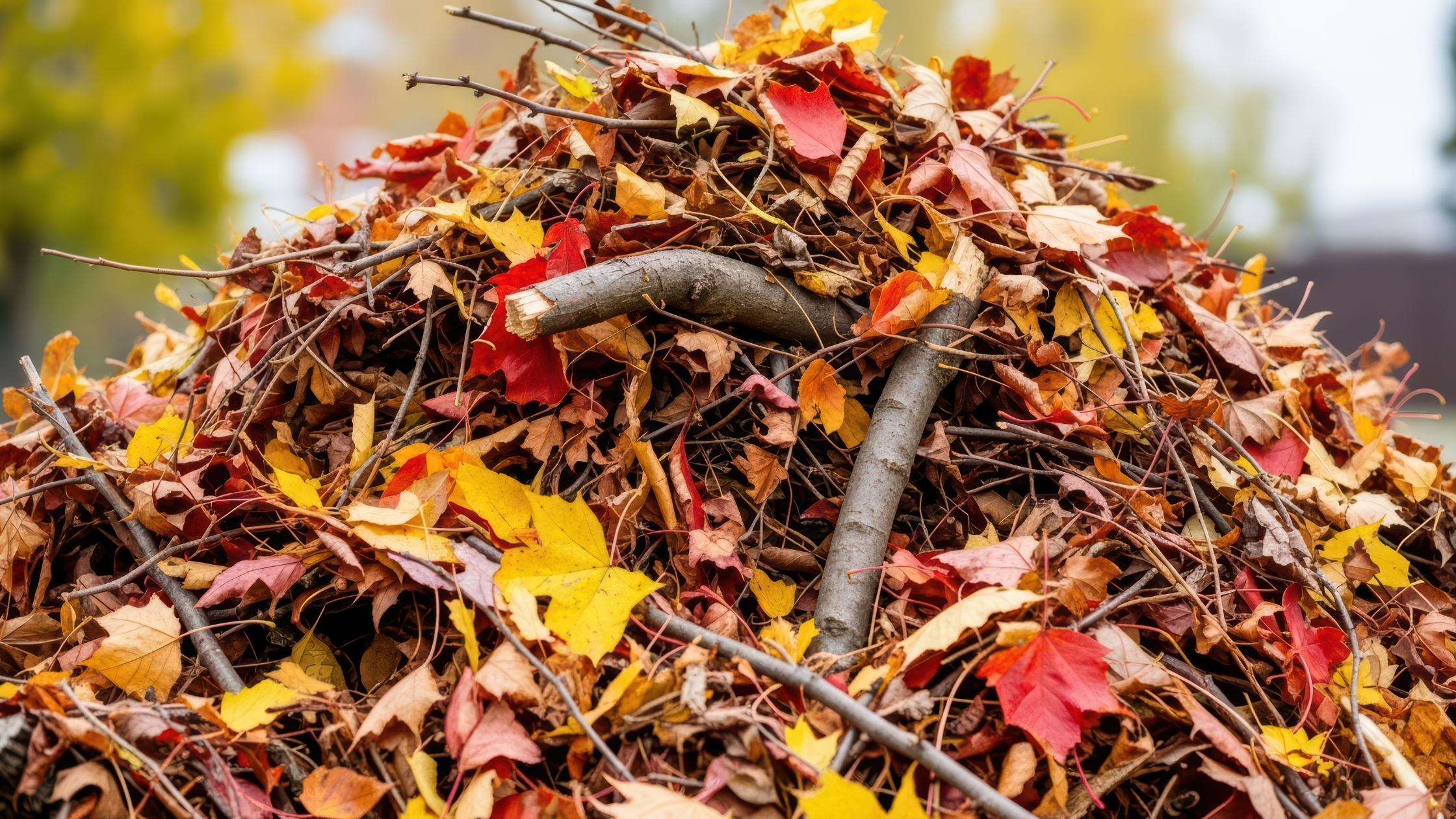 A pile of colorful autumn leaves and twigs, featuring vibrant red, orange, and yellow hues, set against a blurred natural background.