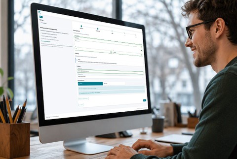 Mann blickt auf Bildschrim auf dem die Plattform enox.share geöffnet ist.