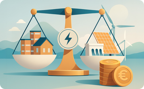 Illustration: Ein Mann lädt sein Elektroauto an einer Ladestation, während ein Bagger mit Strom aus einer großen Gewerbebatterie betrieben wird.