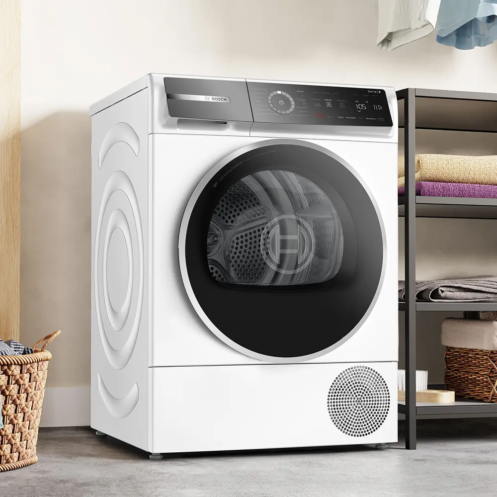 Bosch dryer against the wall, door closed.