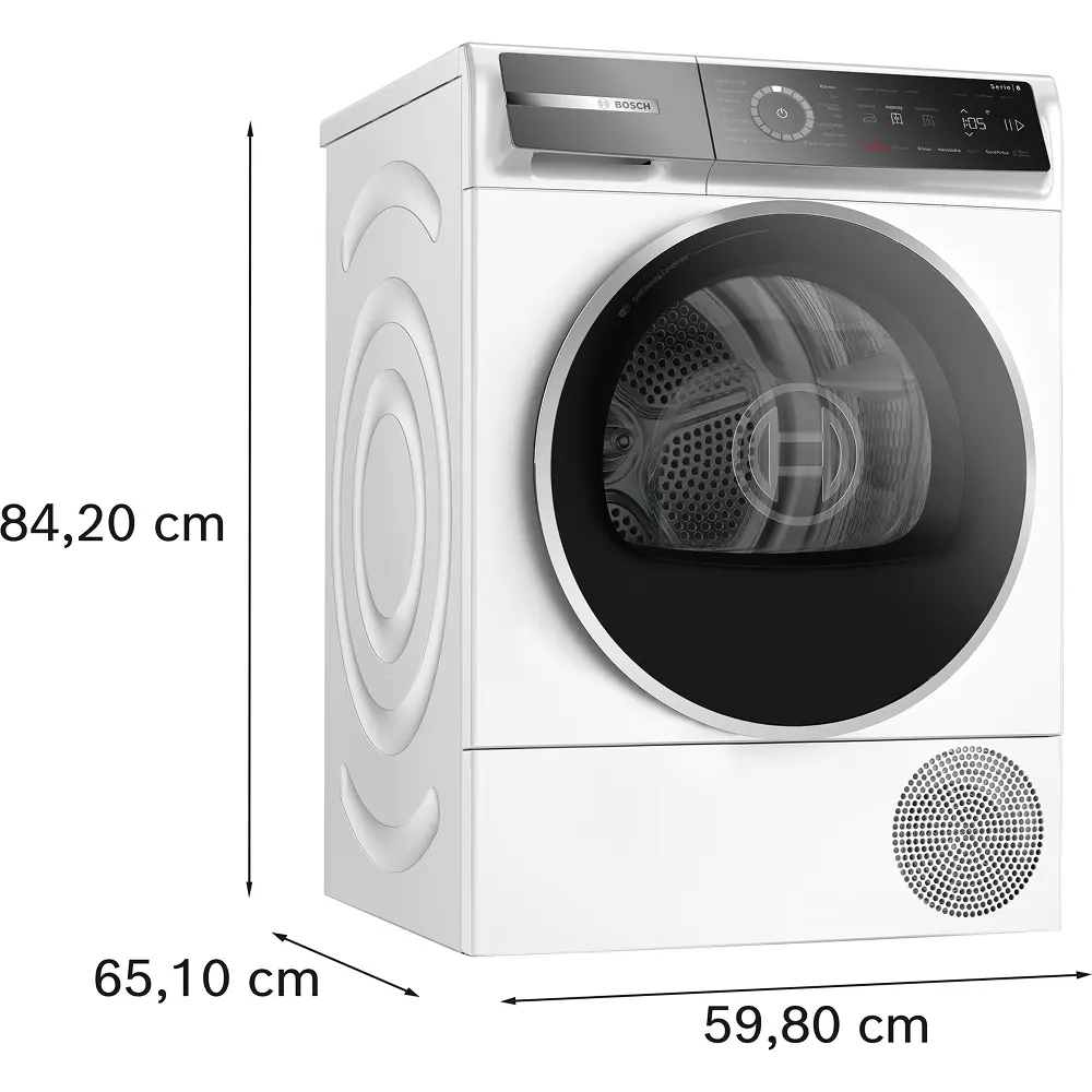 Dryer front with height, depth and width dimensions.