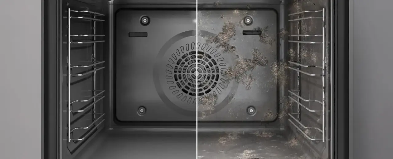 Split screen with a clean oven interior on the left and a dirty interior on the right.