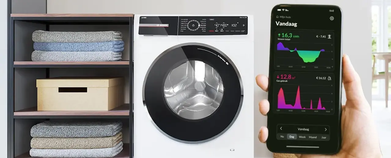 Home Connect app op smartphone om de wasmachine mee te besturen.