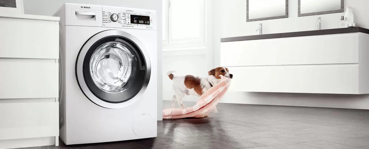 Hondje brengt licht-roze kleed in bek naar de witte Bosch wasmachine.