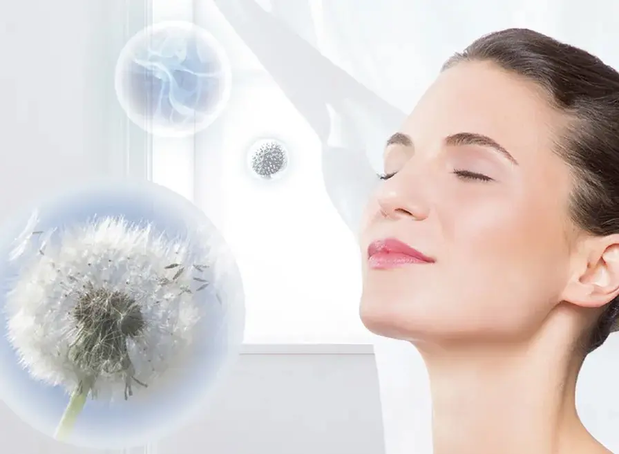 Woman breathes relaxed as pollen and allergens disappear into the air.