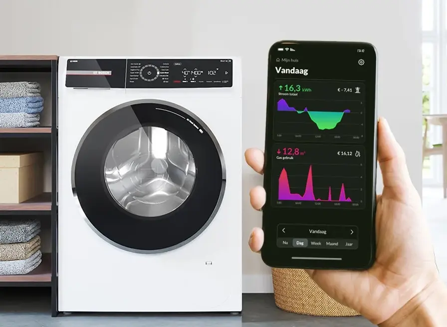 Home Connect app op smartphone om de wasmachine mee te besturen.