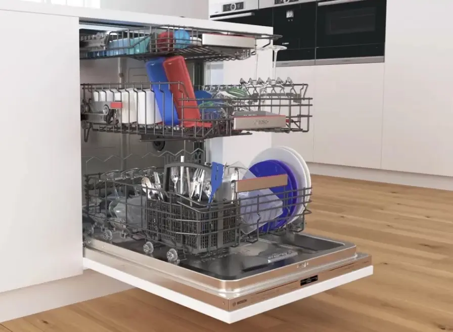 Opened Bosch dishwasher with extended upper and lower baskets.
