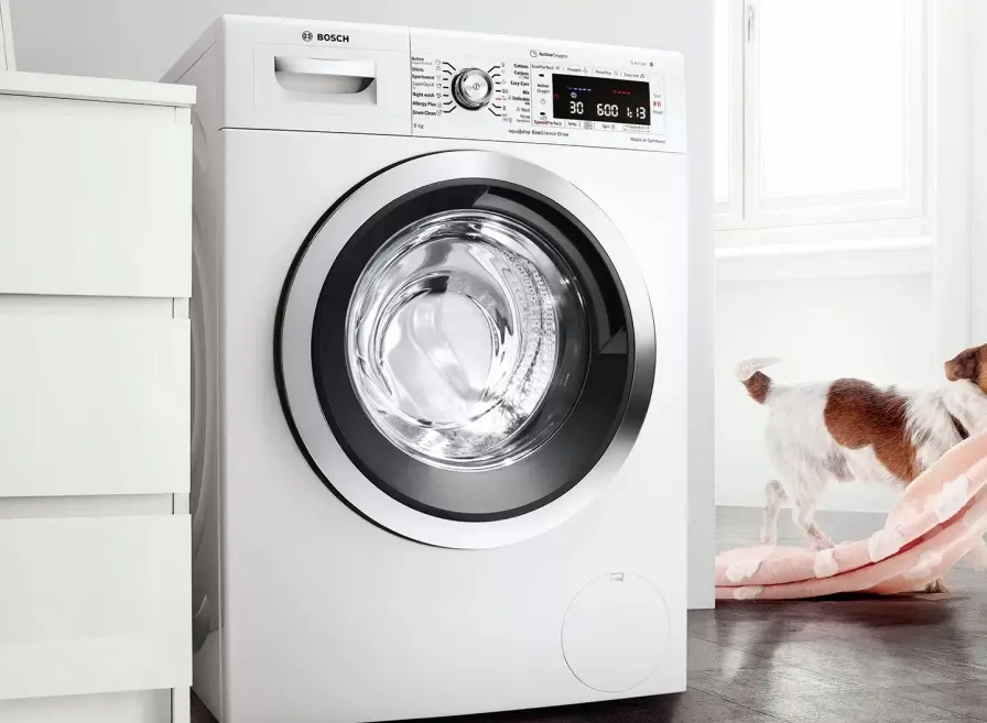 Hond brengt dekentje naar een Bosch wasmachine.