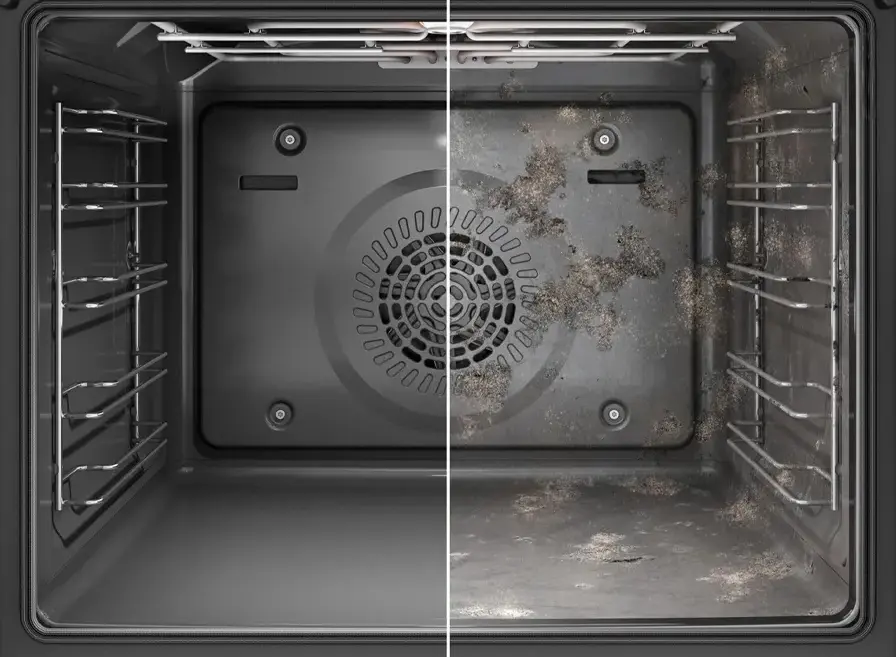 Gesplitst scherm met links een schone ovenbinnenkant en rechts een vieze binnenkant.