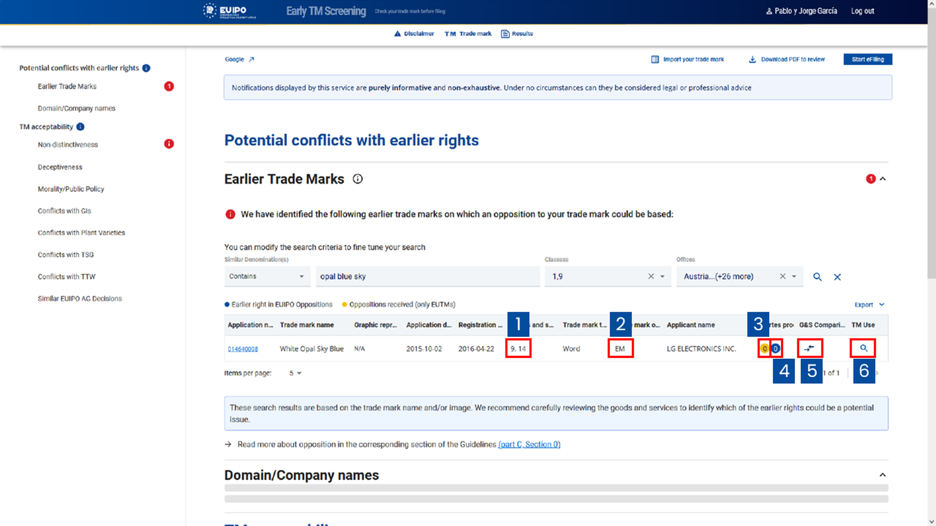 Potencial conflicts with earlier rights flagged by the Early TM ...