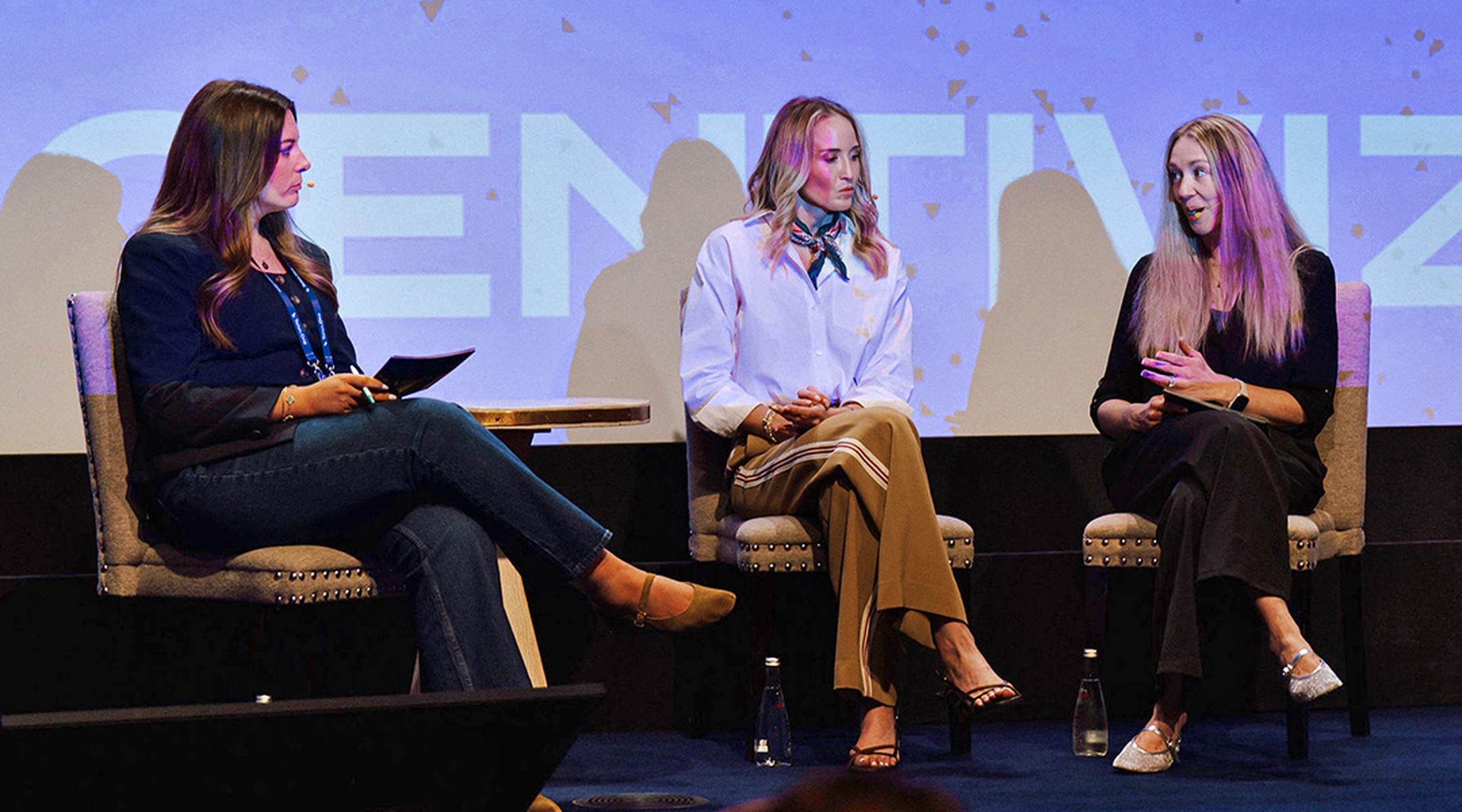 Three panelists from INCENTIVIZE NYC share the stage: Karen Fox from Talon.One, Courtney Adair from SiteOne, and Heather Dettmann