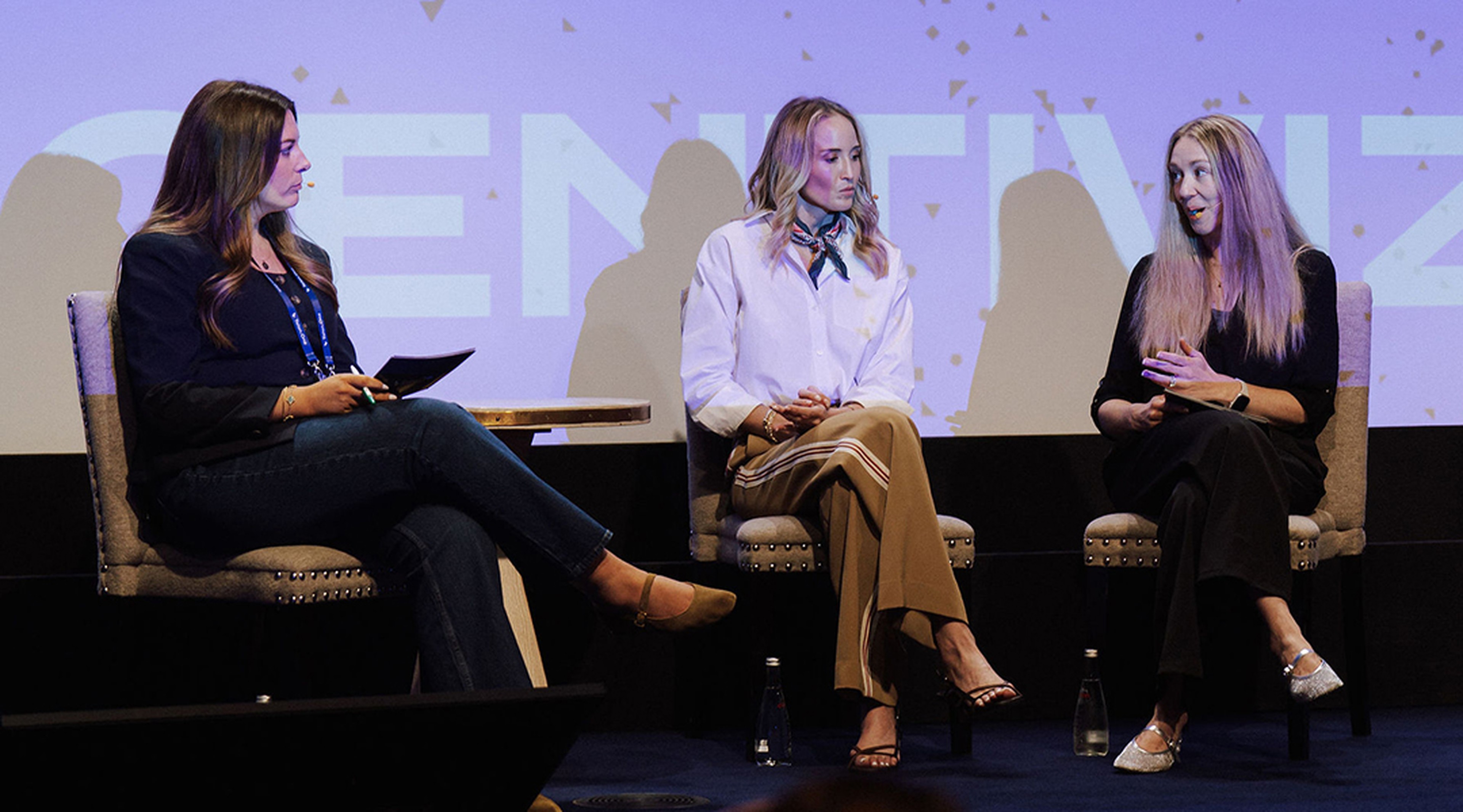 Three panelists from INCENTIVIZE NYC share the stage: Karen Fox from Talon.One, Courtney Adair from SiteOne, and Heather Dettmann