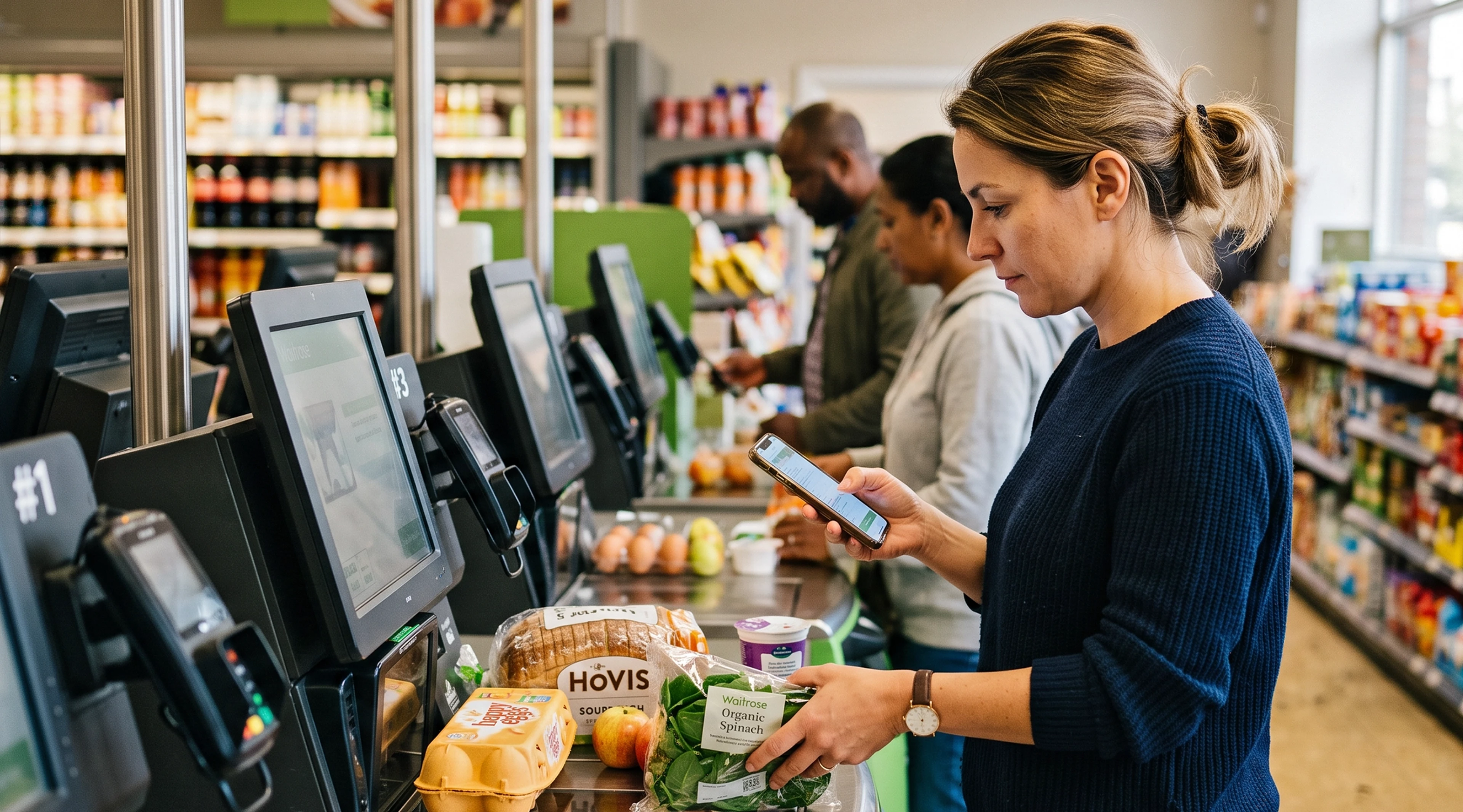 Customers using self-checkout machines at a grocery stores.