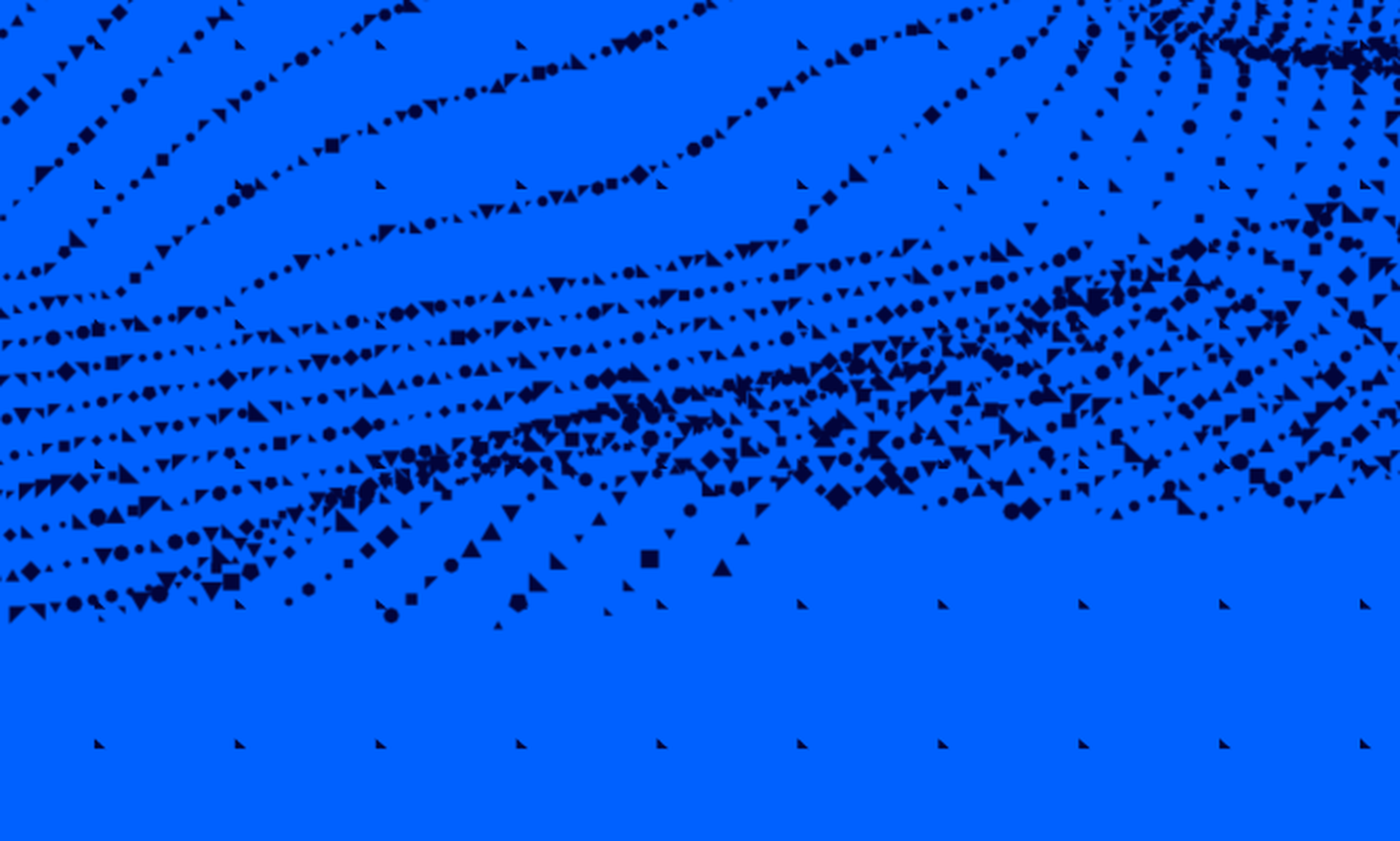 Abstract pattern of scattered black triangles on a blue background, forming curved lines and clusters.