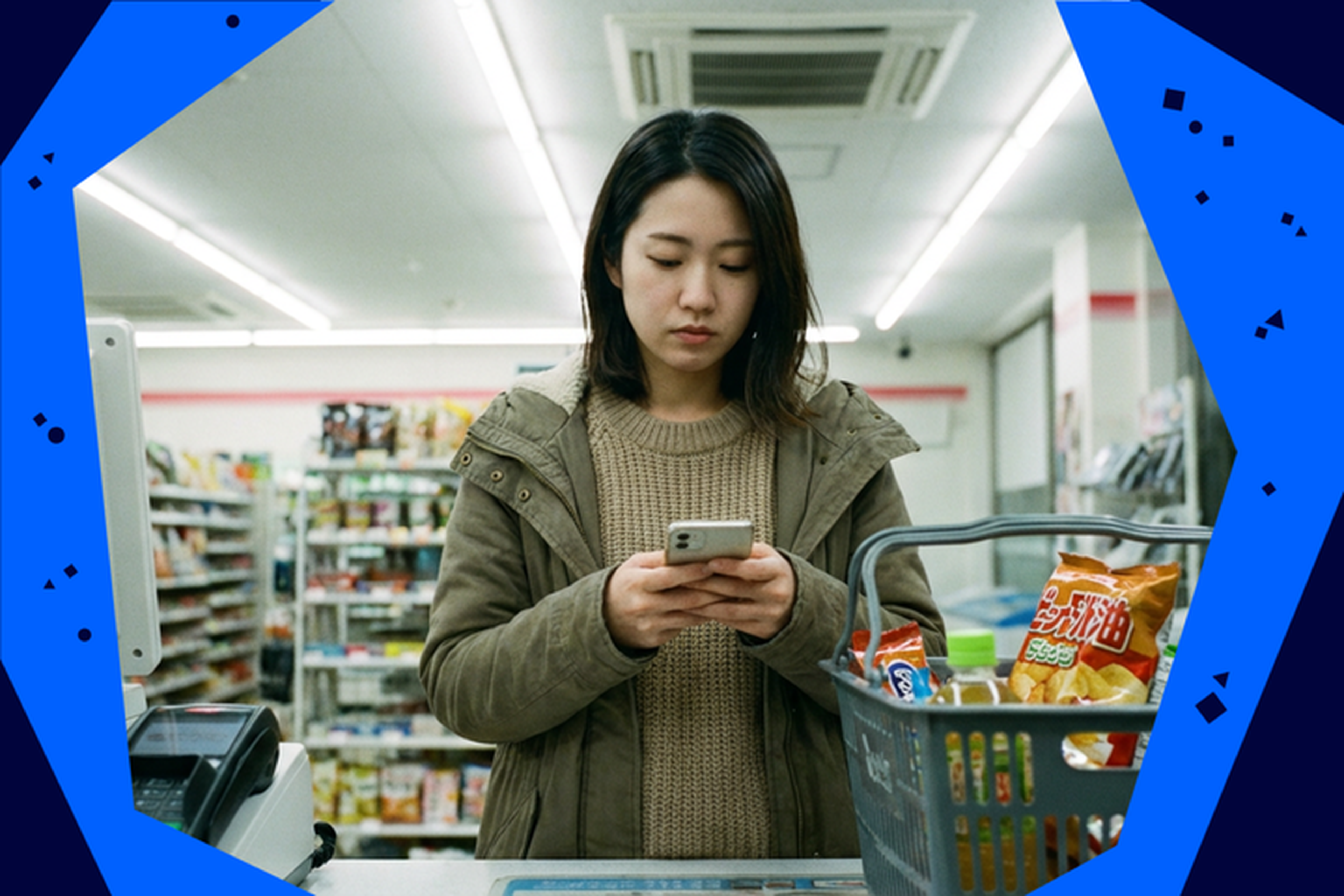 Woman at checkout counter in a convenience store, looking at her phone. Shopping basket contains snacks.