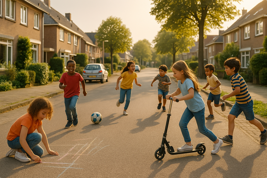 Kinderen spelen met de bal en de step op straat