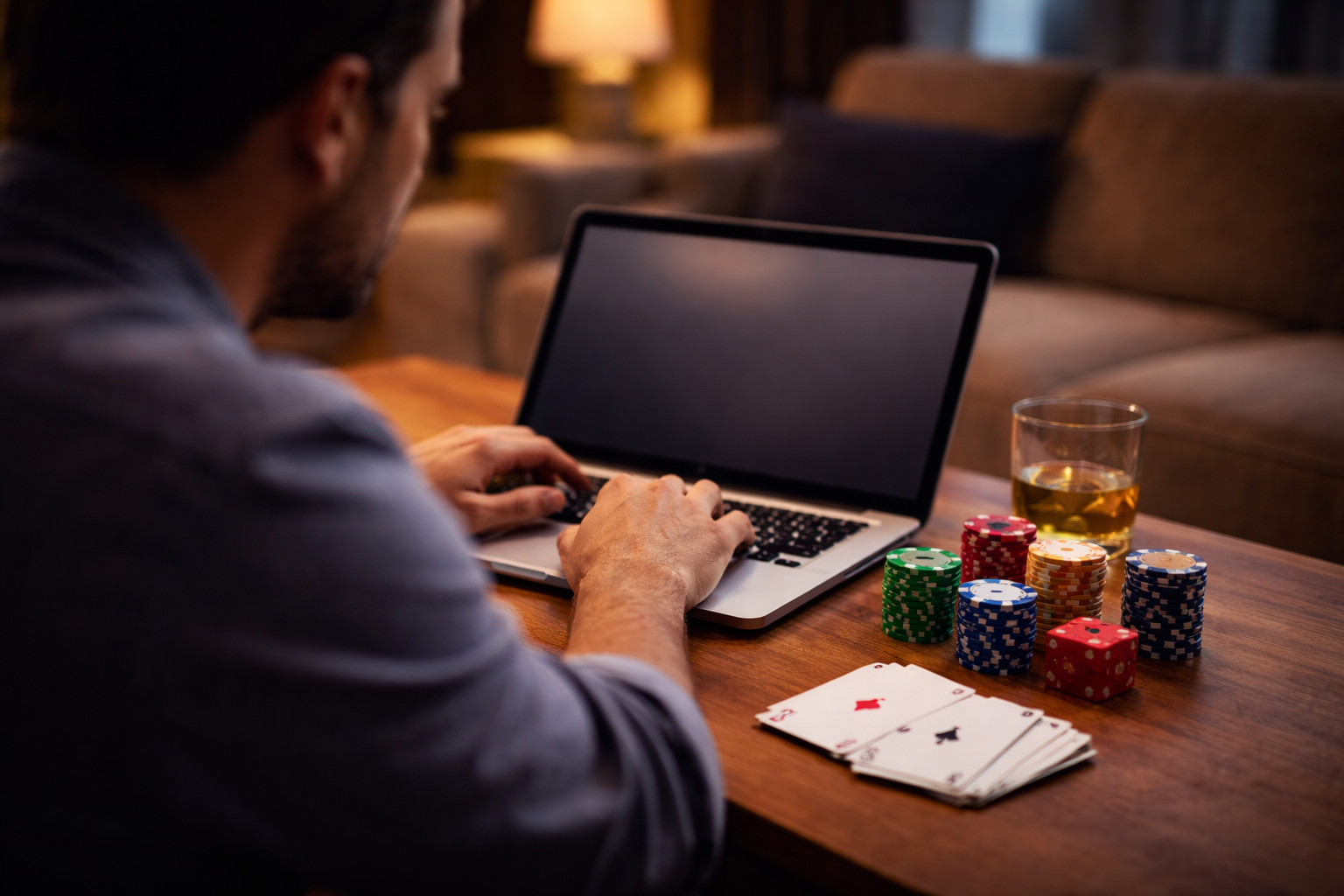 Man speelt online bij een online casino en heeft kaarten en chips naast zich liggen