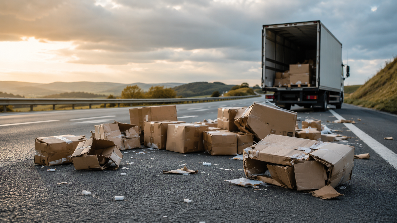 Verspreide kartonnen dozen op een snelweg naast een open vrachtwagen, onder een bewolkte hemel bij zonsondergang.