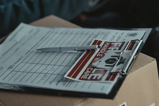 Een document met een pen ligt op een pakket, met een verzendlabel en een sticker “FRAGILE HANDLE WITH CARE”.
