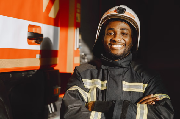 Glimlachende brandweerman in uniform en met helm staat zelfverzekerd met gekruiste armen naast een brandweerwagen.