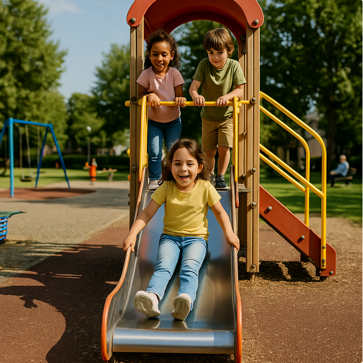Kinderen glijden van de glijbaan op een speelplein