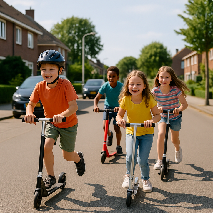Kinderen rijden op de step op de openbare weg