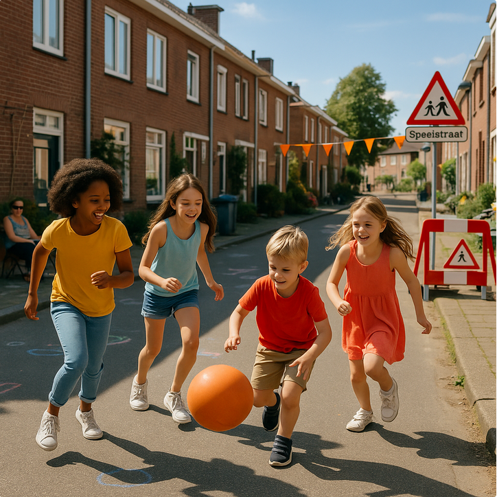 Kinderen spelen in de speelstraat terwijl iemand toezicht houdt