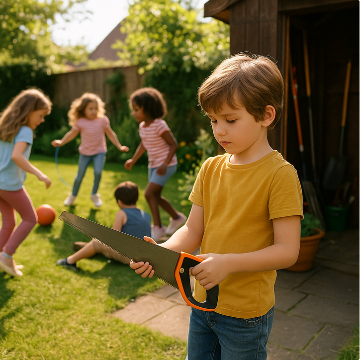 Kinderen spelen in de tuin en een jongen vindt een zaag. Dit is een gevaarlijke situatie!