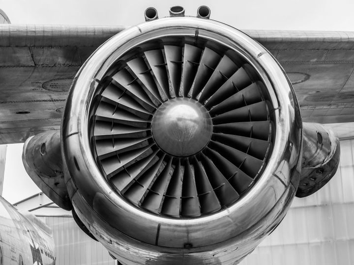 Jet engine fan in black and white