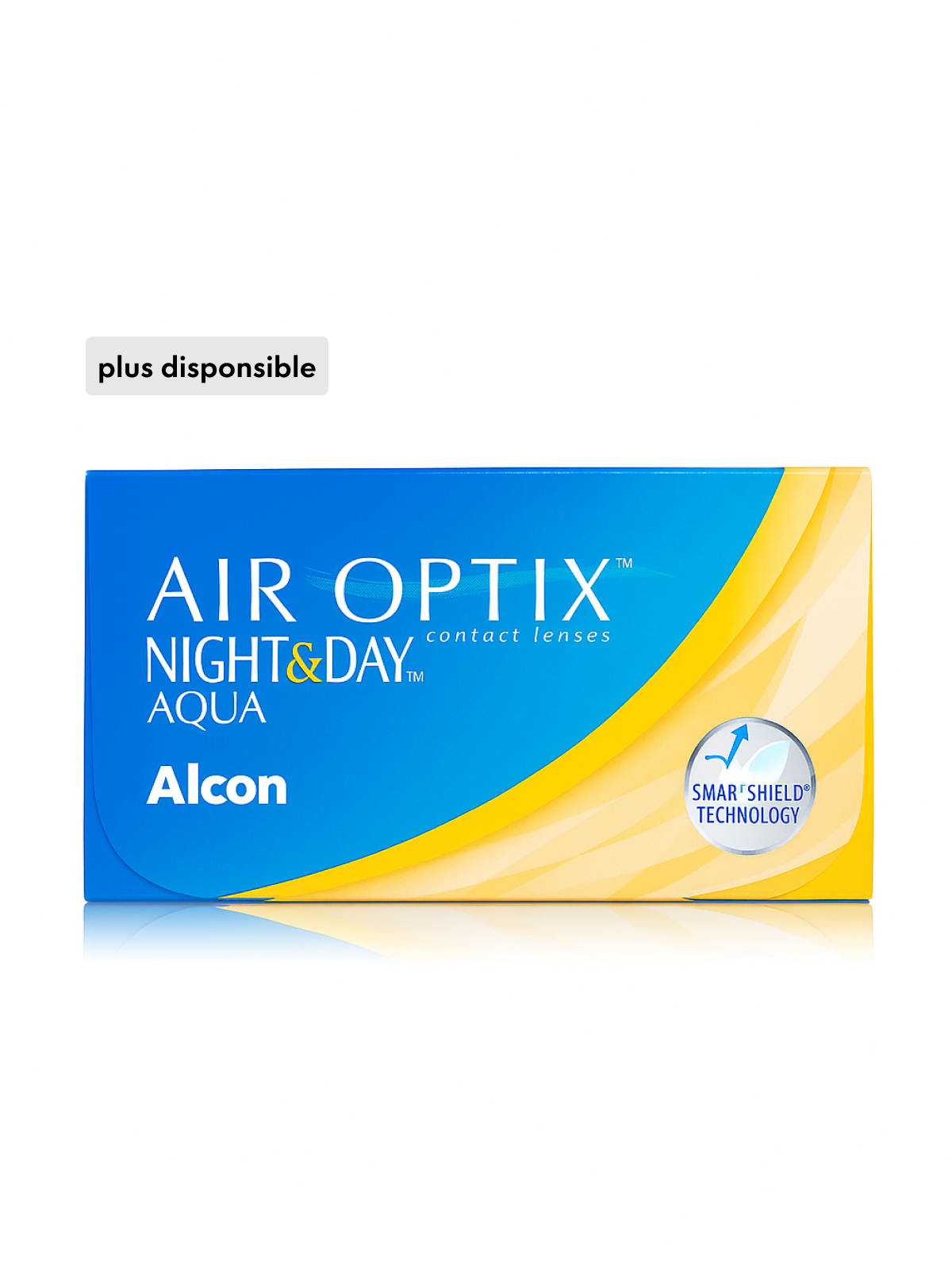 Emballage bleu et jaune des lentilles de contact Air Optix Night & Day Aqua avec technologie SmartShield. Inscription en allemand : « n'est plus disponible ».