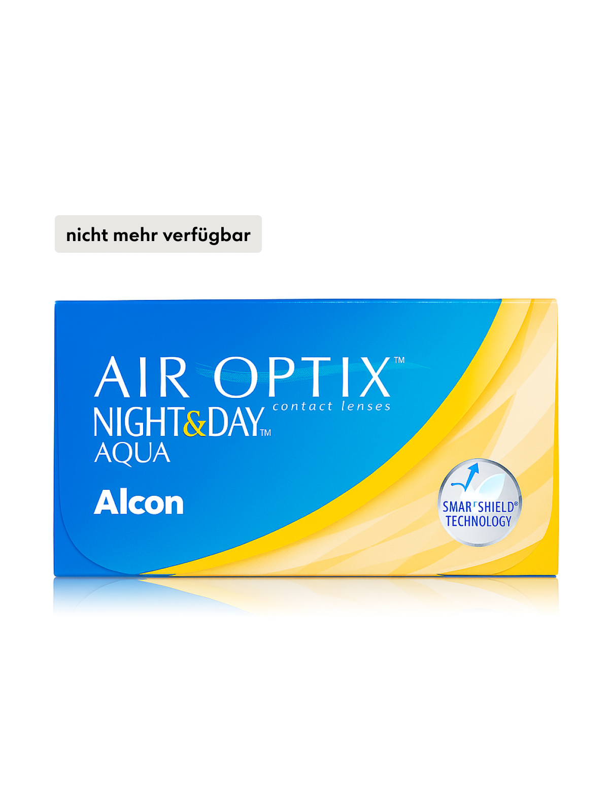 Blaue und gelbe Verpackung der Kontaktlinsen Air Optix Night & Day Aqua mit SmartShield-Technologie. Aufschrift auf Deutsch: „nicht mehr verfügbar“.