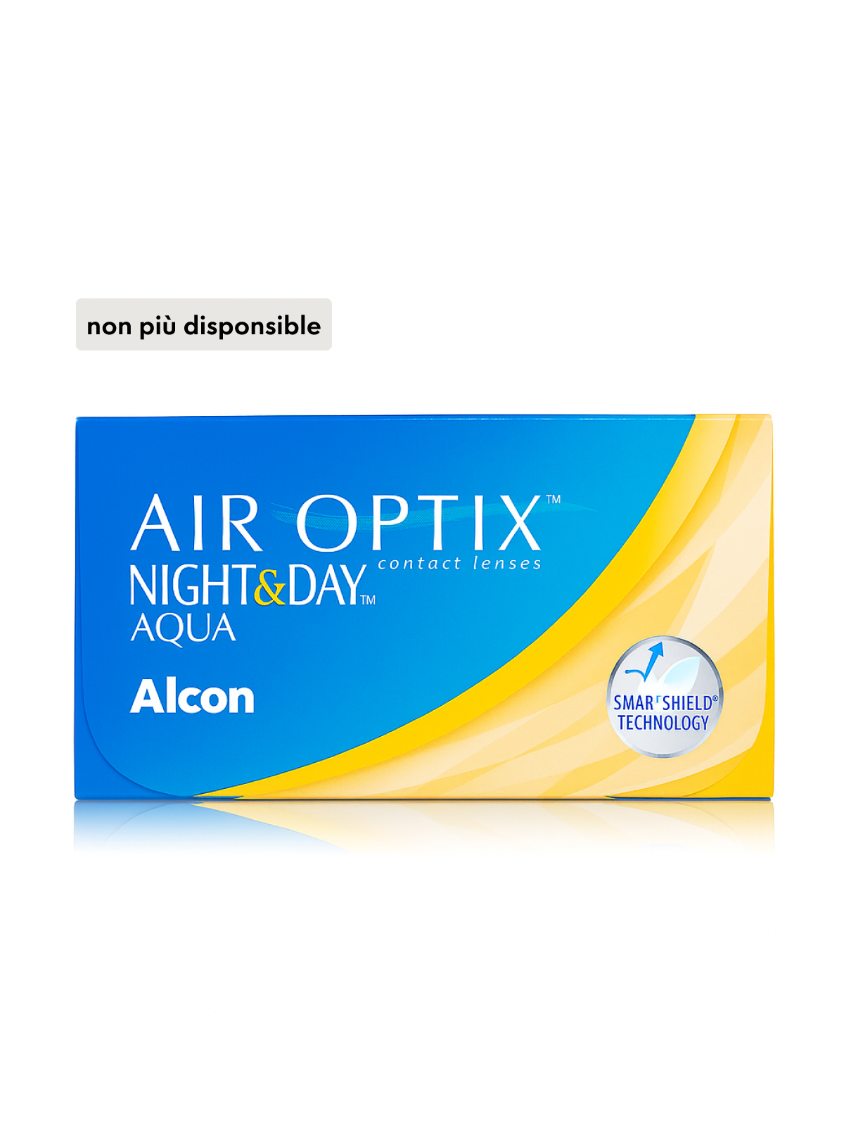 Confezione blu e gialla delle lenti a contatto Air Optix Night & Day Aqua con tecnologia SmartShield. Scritta in tedesco: «non più disponibile».