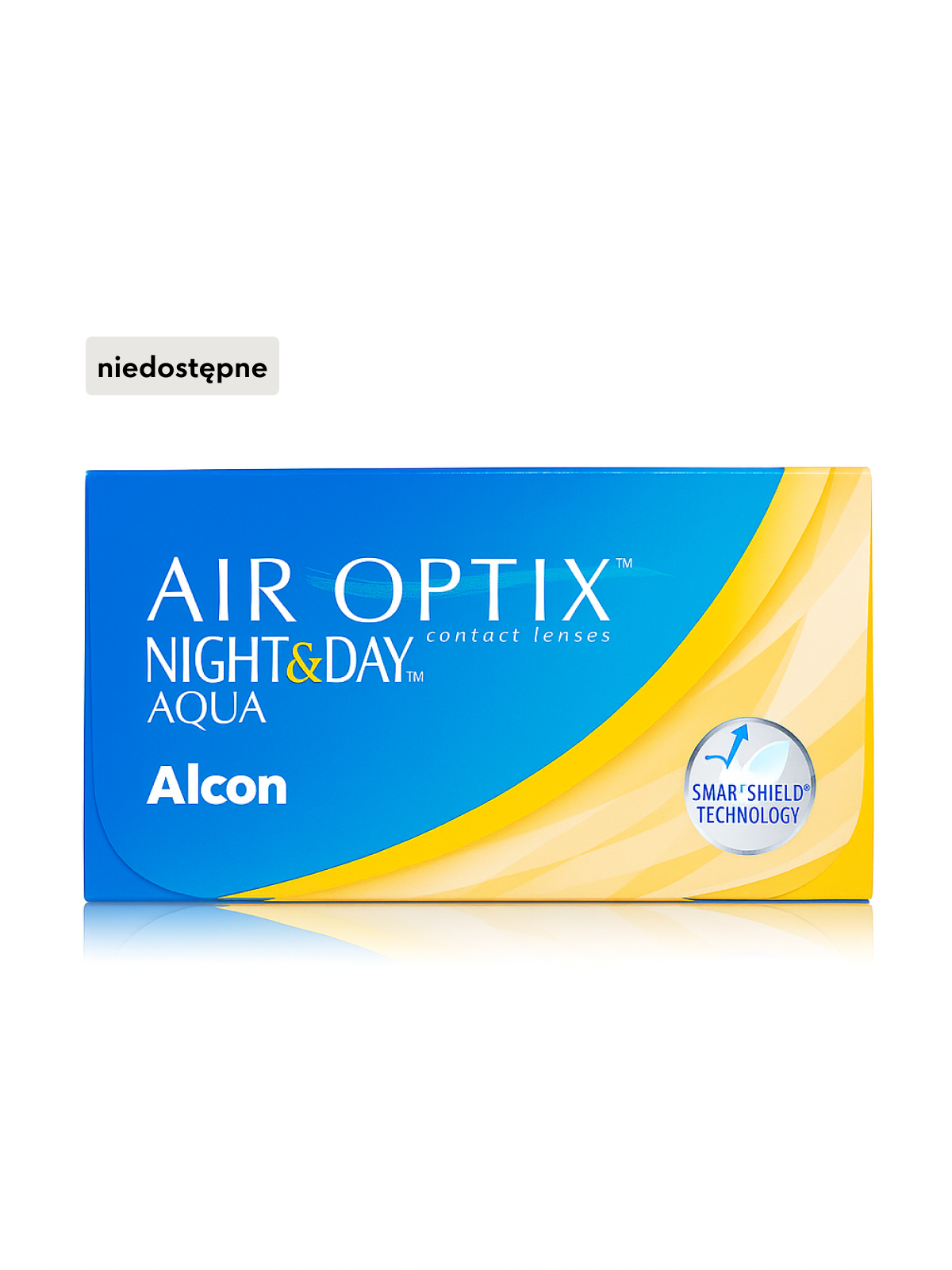 Niebieskie i żółte opakowanie soczewek kontaktowych Air Optix Night & Day Aqua z technologią SmartShield. Napis w języku niemieckim: „nie jest już dostępne”.