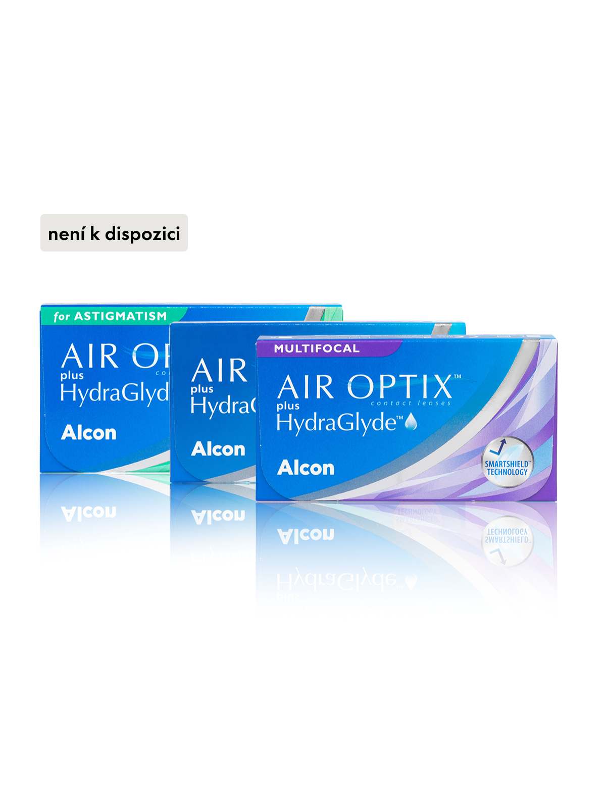 Tři balení kontaktních čoček Air Optix plus HydraGlyde, určené pro astigmatismus a multifokální vidění, s označením „již není k dispozici“.