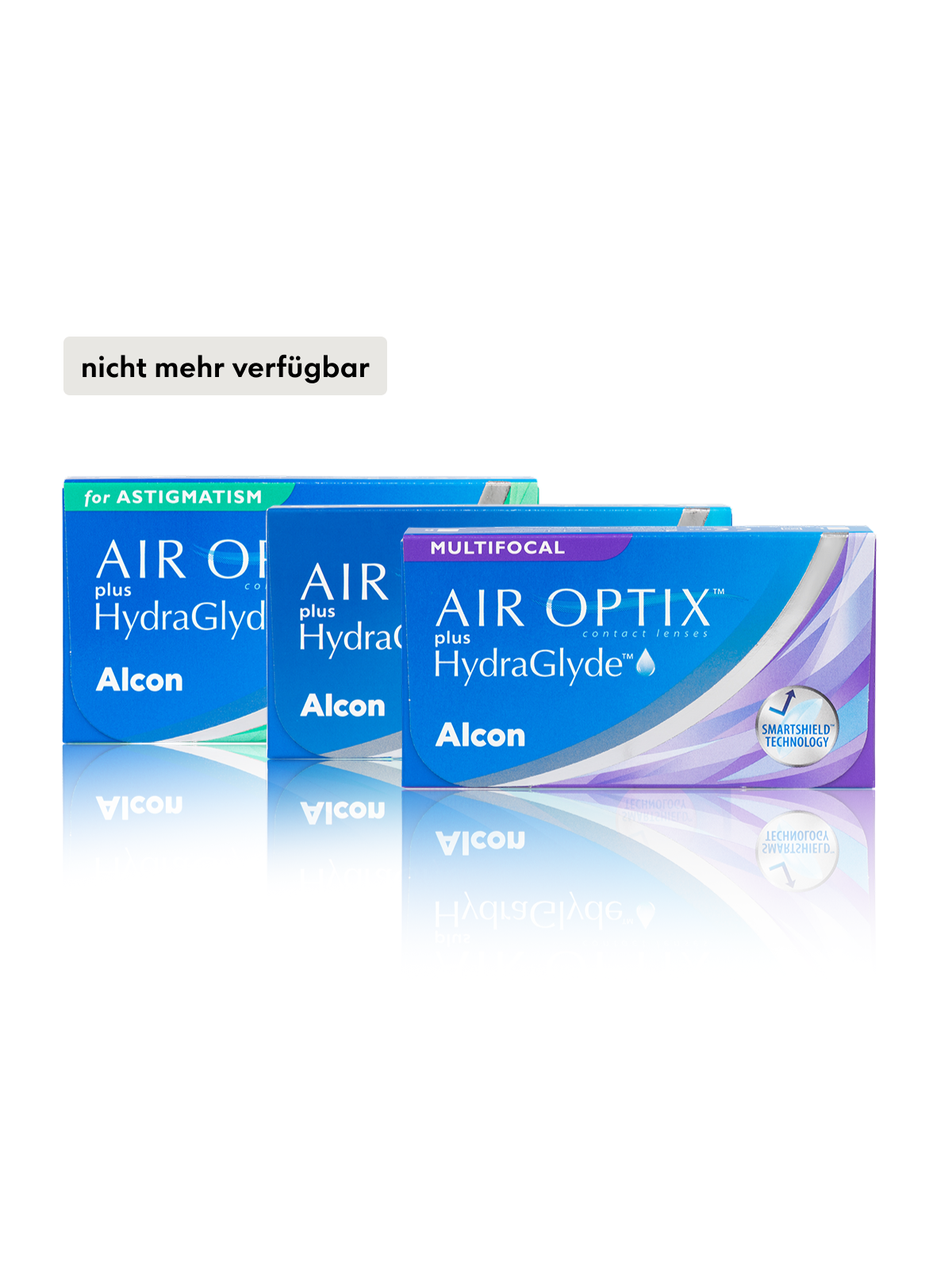 Drei Packungen Air Optix plus HydraGlyde Kontaktlinsen, gekennzeichnet für Astigmatismus und Multifokal, mit einem „nicht mehr verfügbar”-Label.