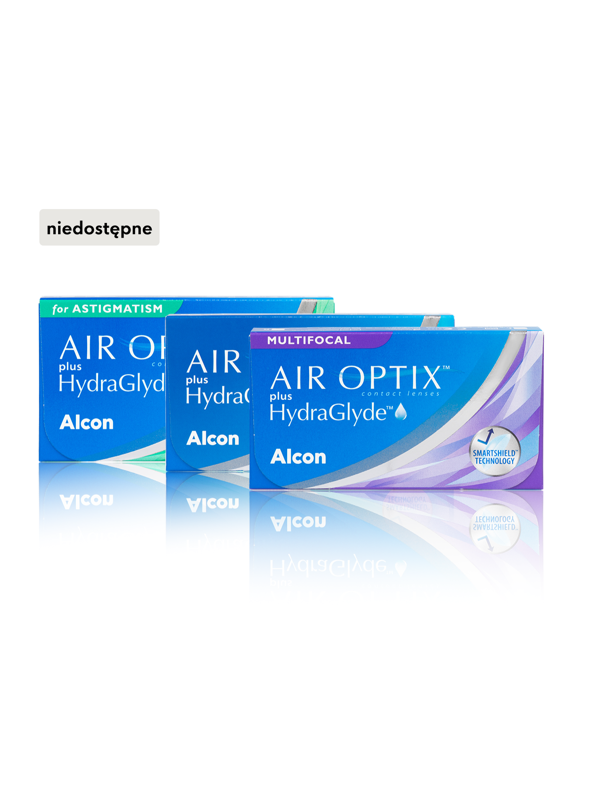 Trzy opakowania soczewek kontaktowych Air Optix plus HydraGlyde, przeznaczonych dla osób z astygmatyzmem i soczewek wieloogniskowych, z etykietą „niedostępne”.