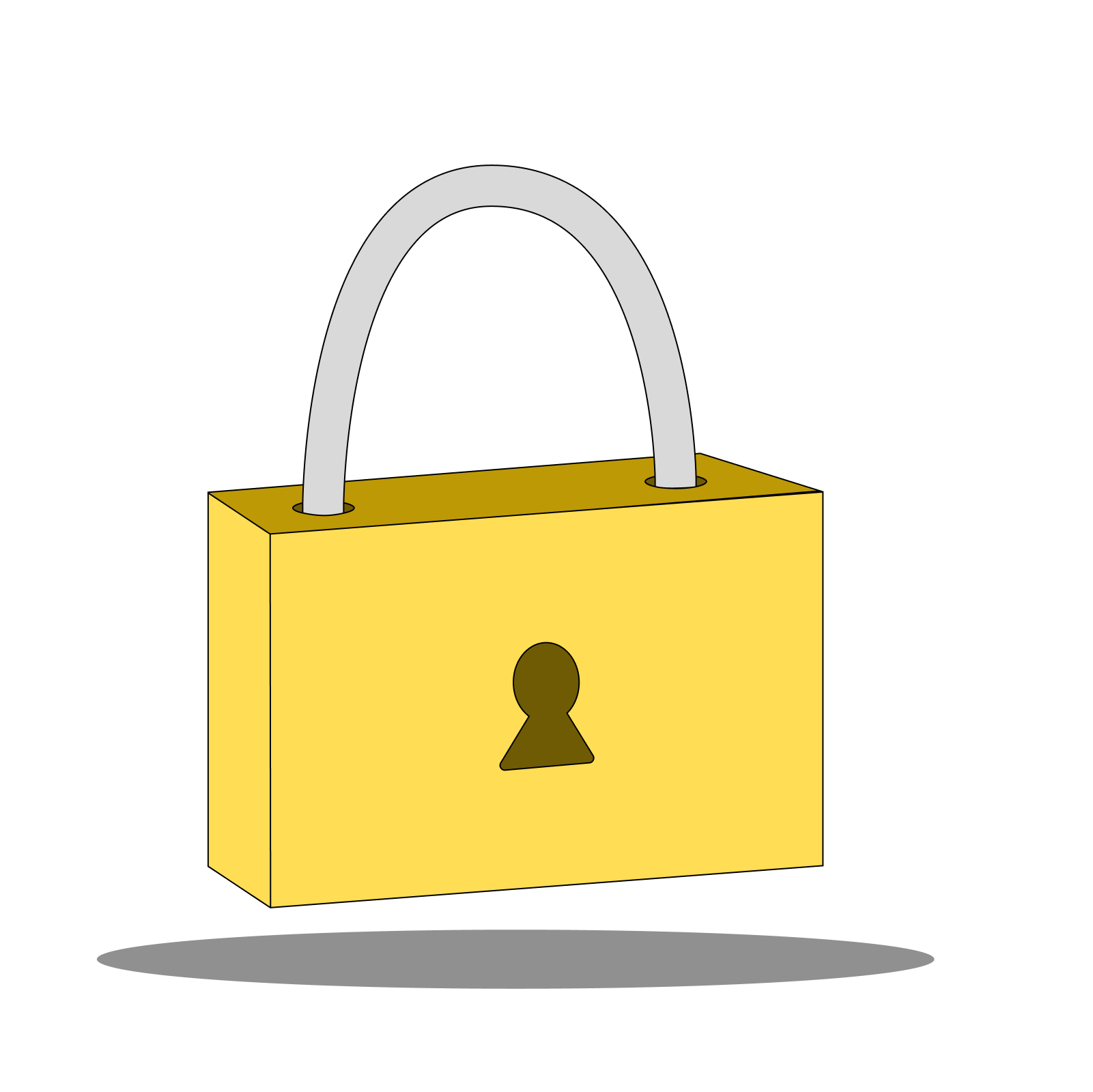 Illustration eines gelben Vorhängeschlosses mit silbernem Bügel und Schlüsselloch, das einen Schatten auf einen weißen Hintergrund wirft.