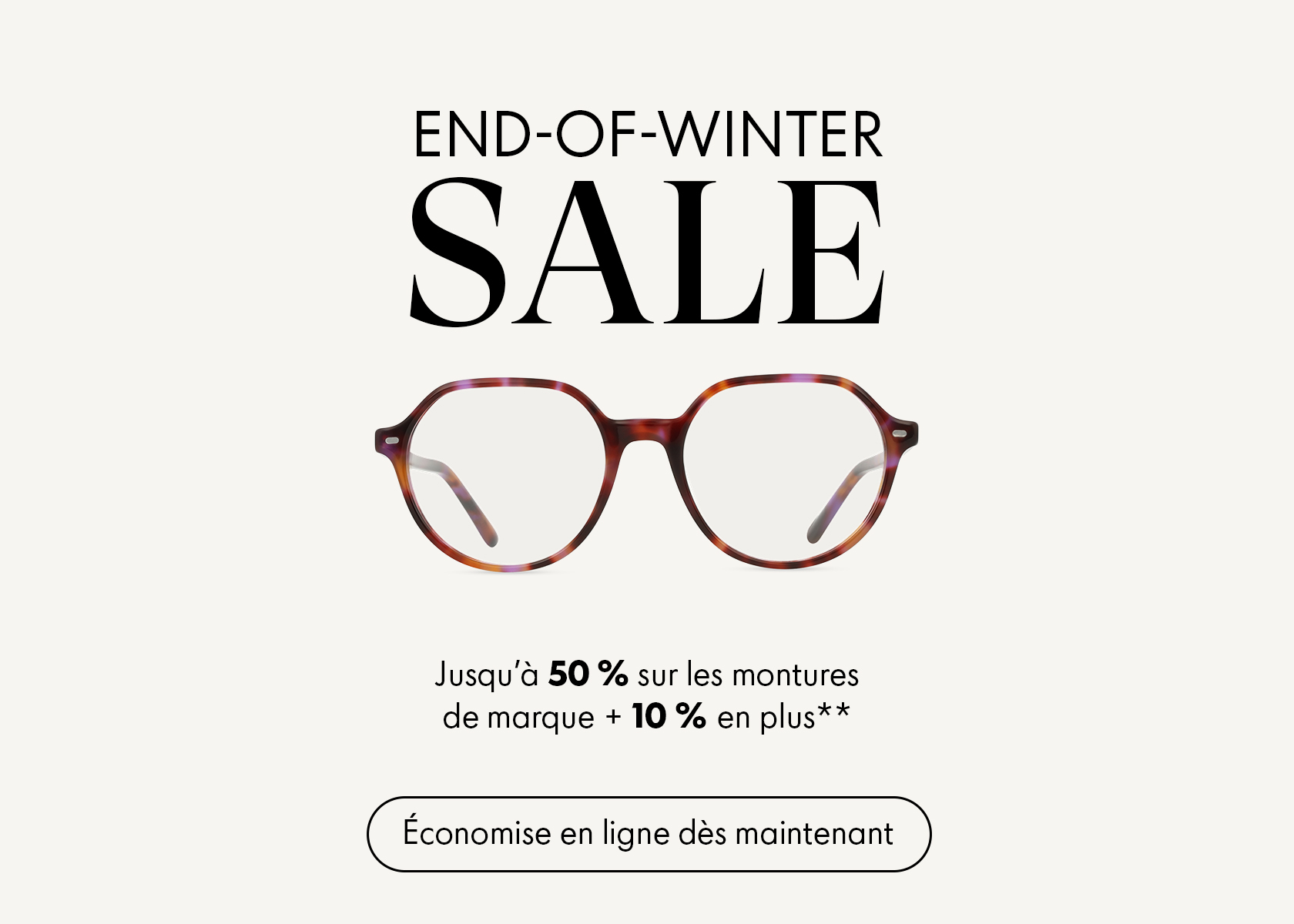 Lunettes rondes élégantes sous l'inscription « End-of-Winter Sale » sur fond uni.