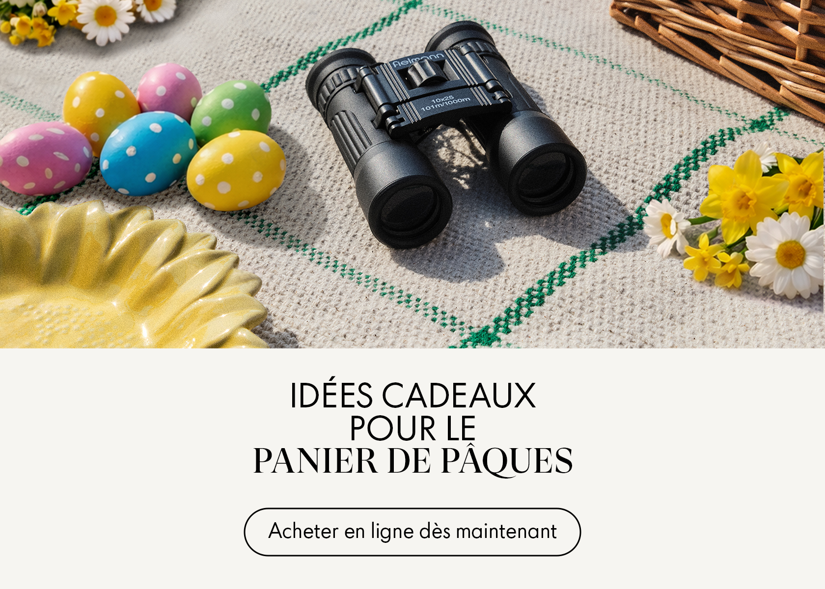 Des jumelles posées sur une nappe de pique-nique, avec des œufs de Pâques colorés, des pâquerettes et un panier.