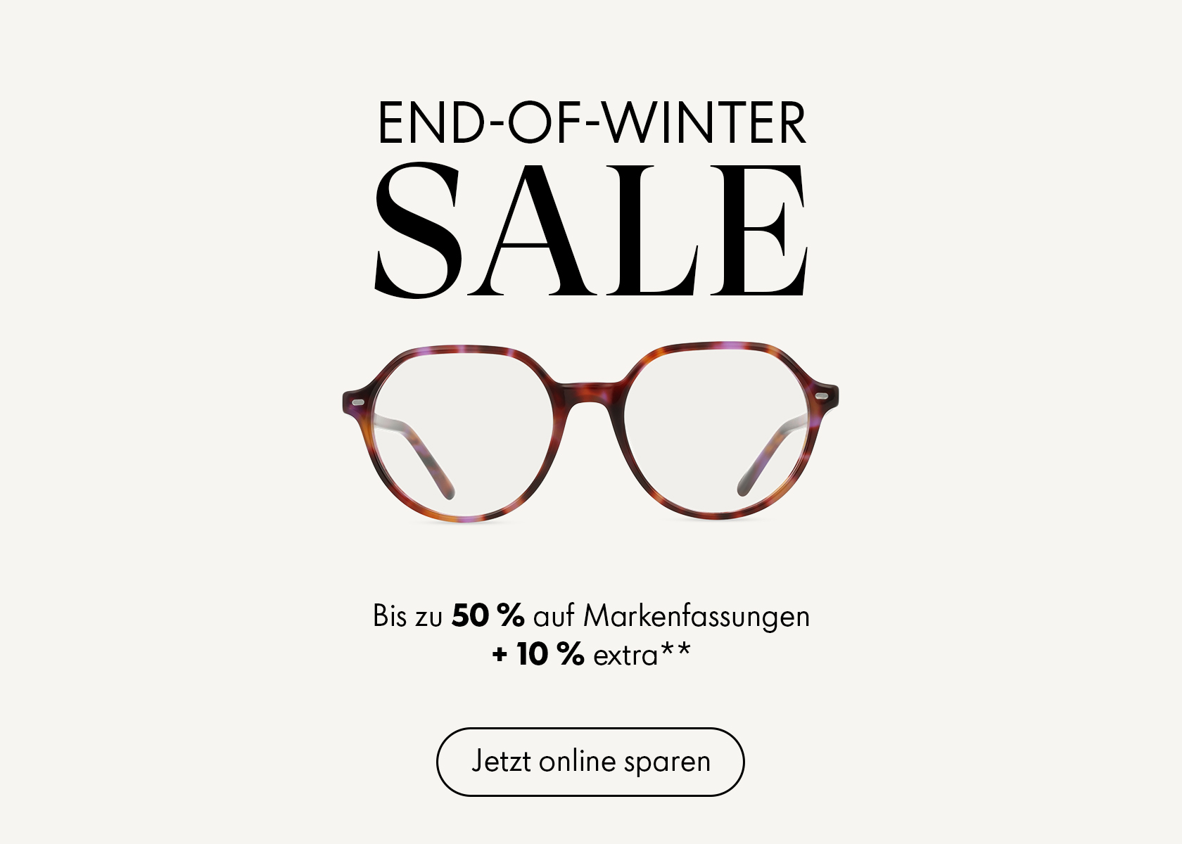 Stilvolle runde Brille unter dem Schriftzug „End-of-Winter Sale” auf einfarbigem Hintergrund.