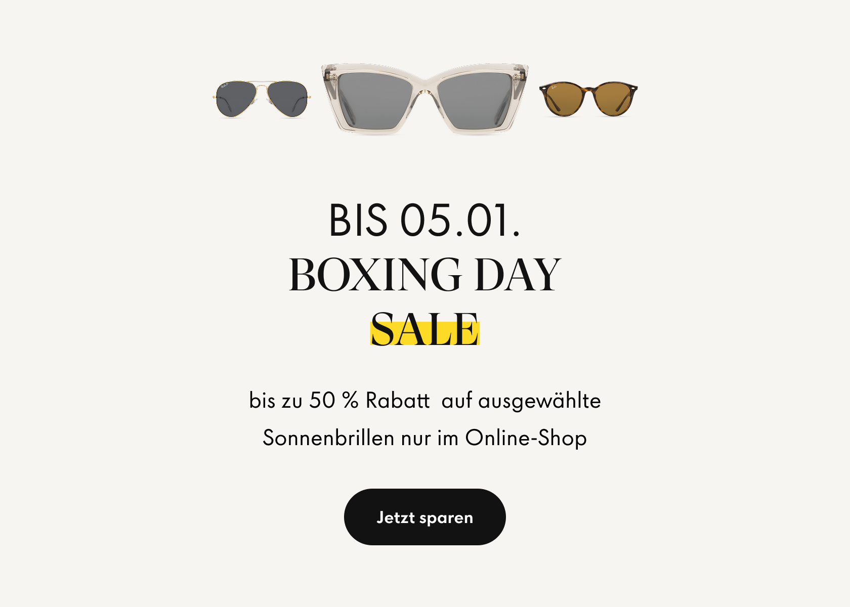 Boxing-Day-Sale-Banner — „SALE“ gelb hervorgehoben über drei Sonnenbrillen (Cateye, Havanna-Rund, Aviator) auf einem off-white Hintergrund.