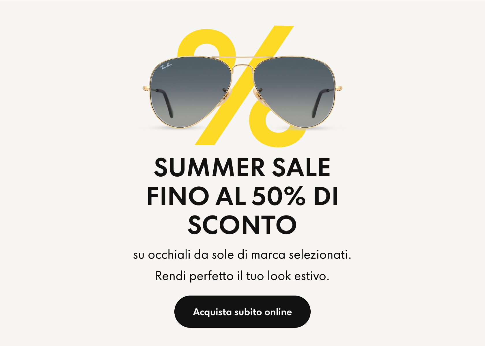  Banner dei saldi estivi che mostra un paio di occhiali da sole e delle informazioni.