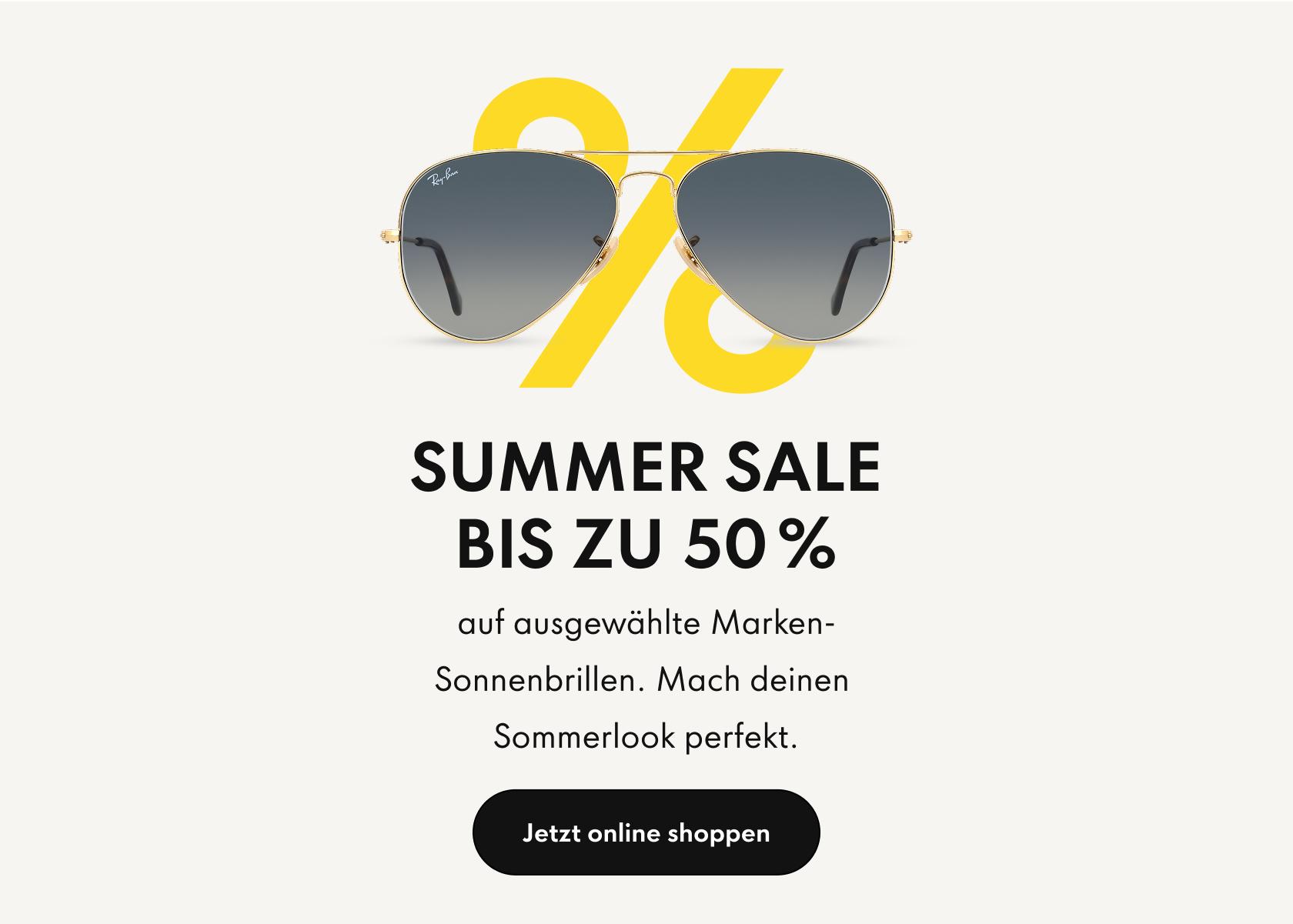Summer Sale Banner, der eine Sonnenbrille und Informationen zeigt.