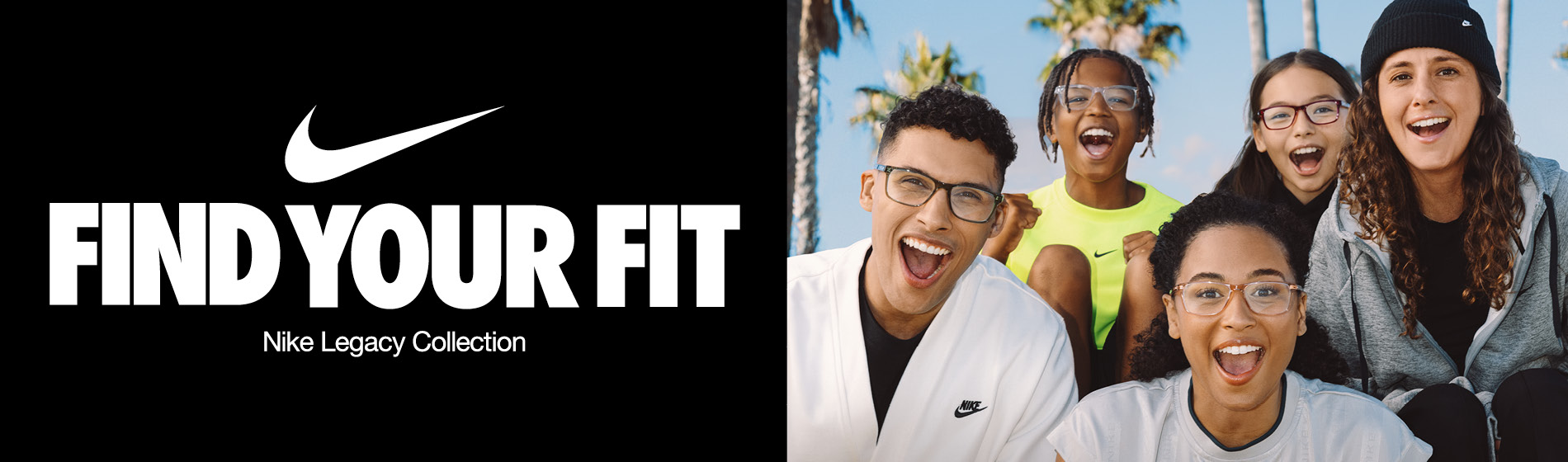 Gruppe von vier unterschiedlichen, lächelnden Menschen in lässiger Nike-Kleidung im Freien.