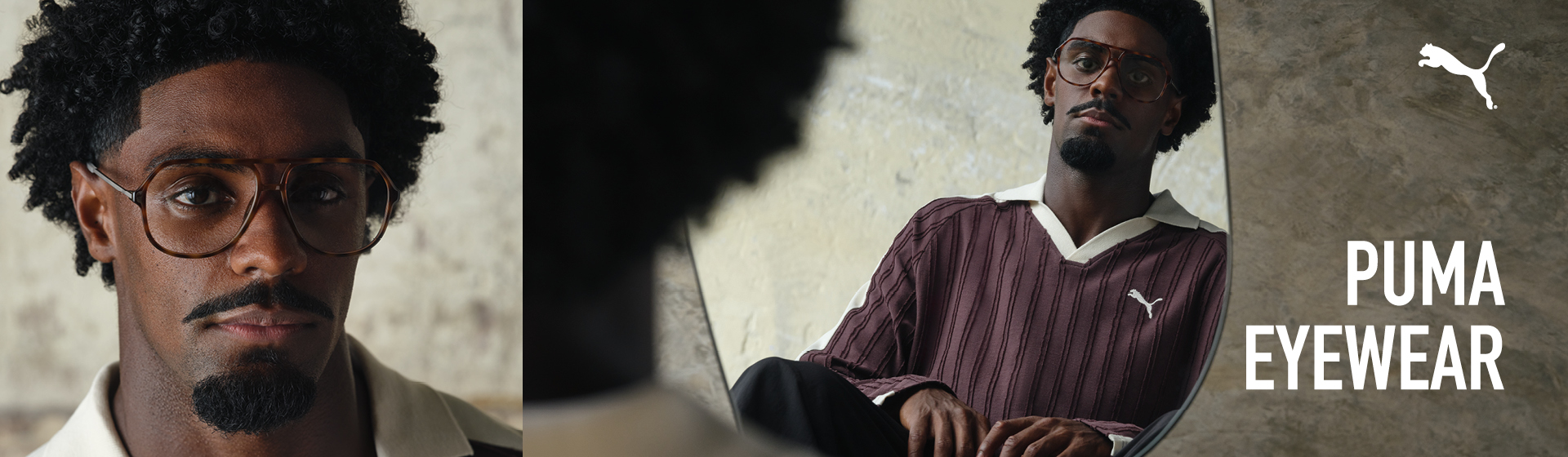 Muž s brýlemi a pruhovanou košilí sedí před strukturovanou stěnou; text zní „Puma Eyewear” s logem.
