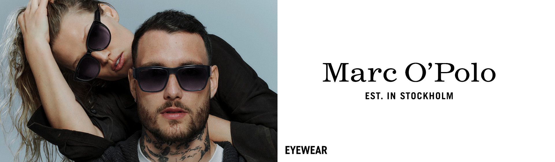 Ein Mann und eine Frau mit Sonnenbrillen, rechts der Schriftzug „Marc O'Polo, gegründet in Stockholm, Eyewear“.