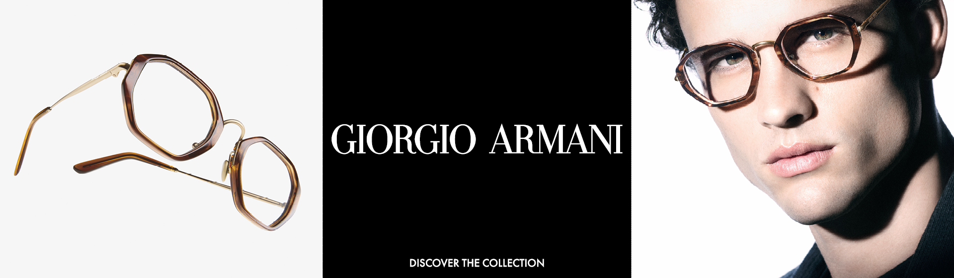 Occhiali Giorgio Armani marroni con montatura esagonale, raffigurati a sinistra. A destra, una persona che indossa gli occhiali. Testo: «GIORGIO ARMANI».