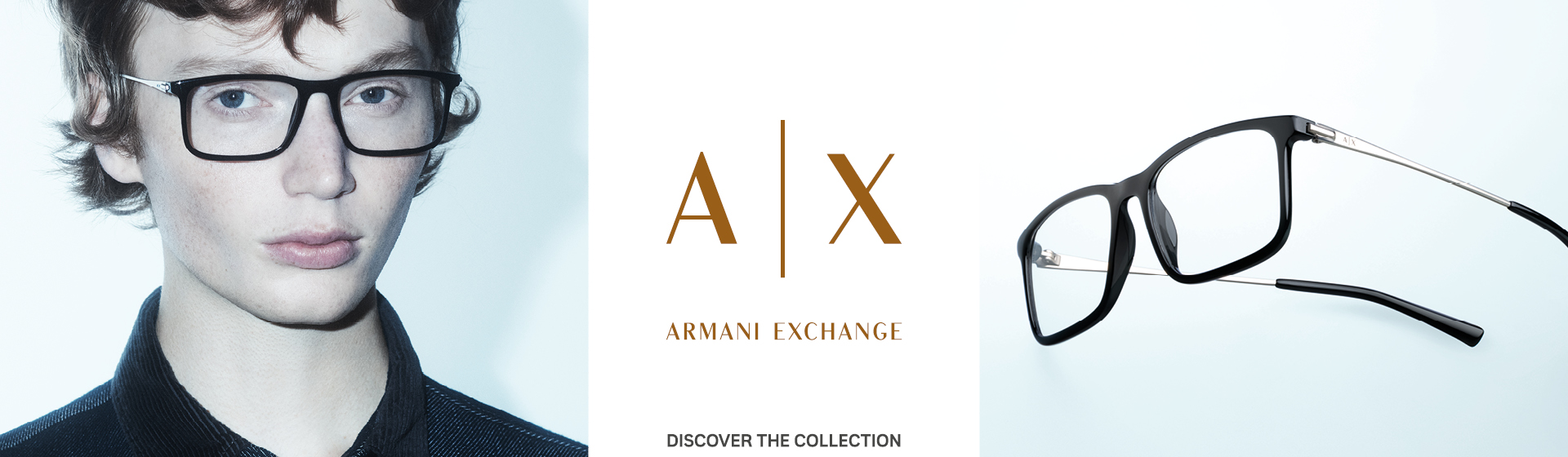 A sinistra, un ragazzo con gli occhiali; al centro, il logo Armani Exchange; a destra, un paio di occhiali con montatura nera.