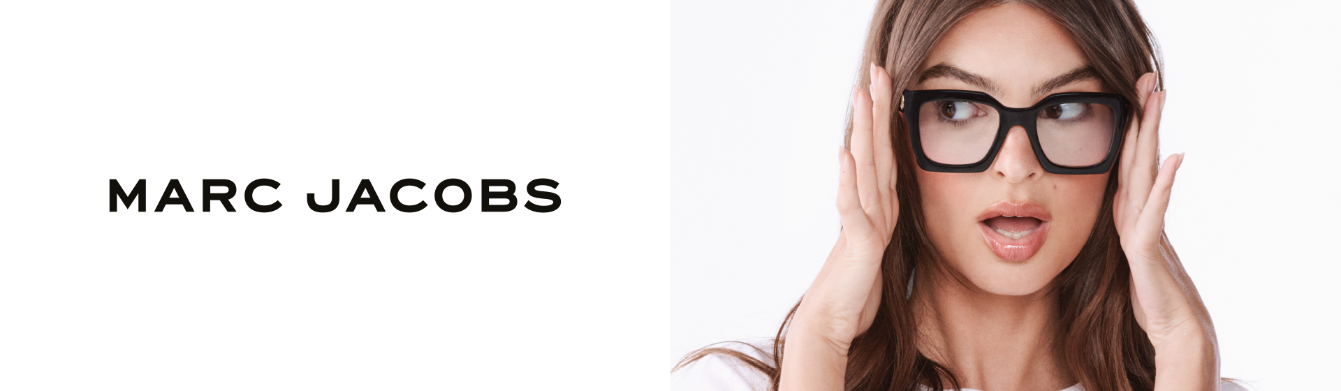 Une femme portant des lunettes noires et des cheveux longs a l'air surprise. Texte avec « MARC JACOBS ».